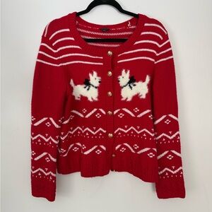Talbots Crewneck Cardigan Scottie Dog Fair Isle Gold Button Front Red Size L